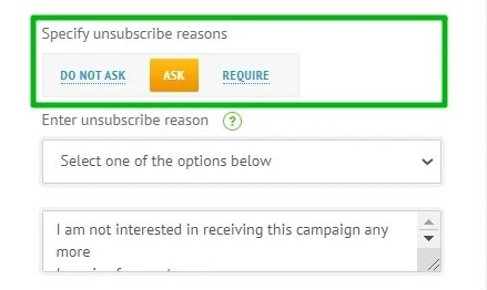 Selecting the conditions for entering the unsubscribe reasons.