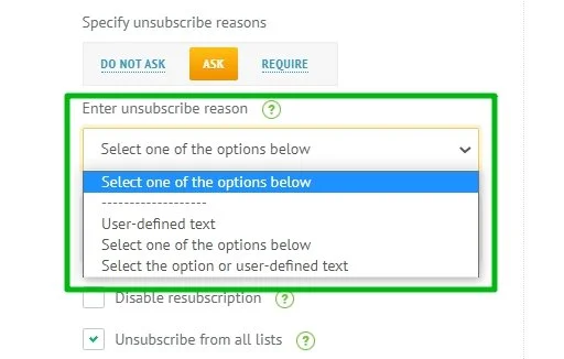 Selecting the unsubscribe reason option.