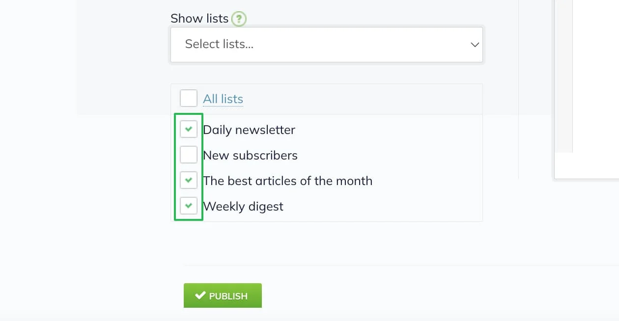 selection of lists for unsubscription.