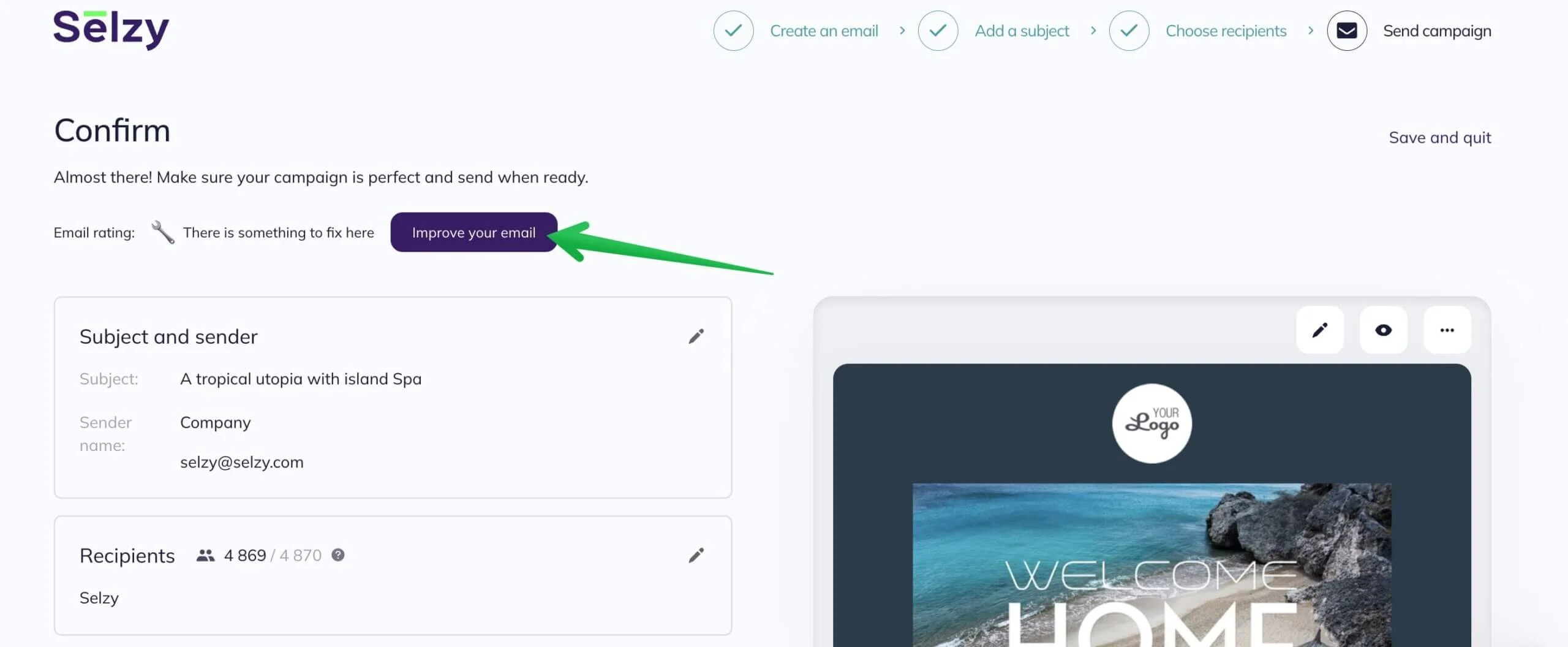 Option to improve your email at the final step of a campaign set-up 