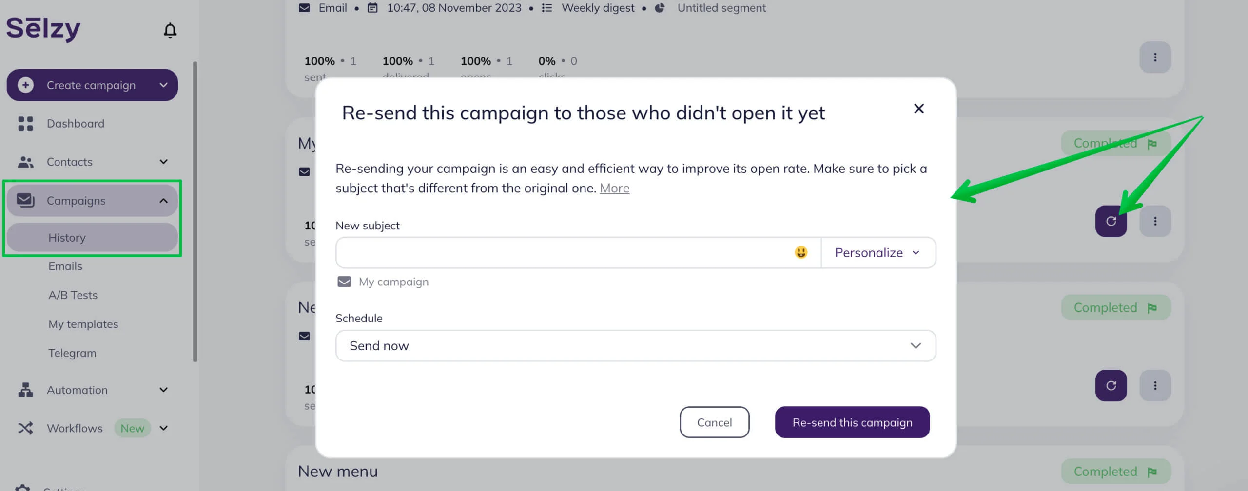 Resending the campaign from the Reports page.
