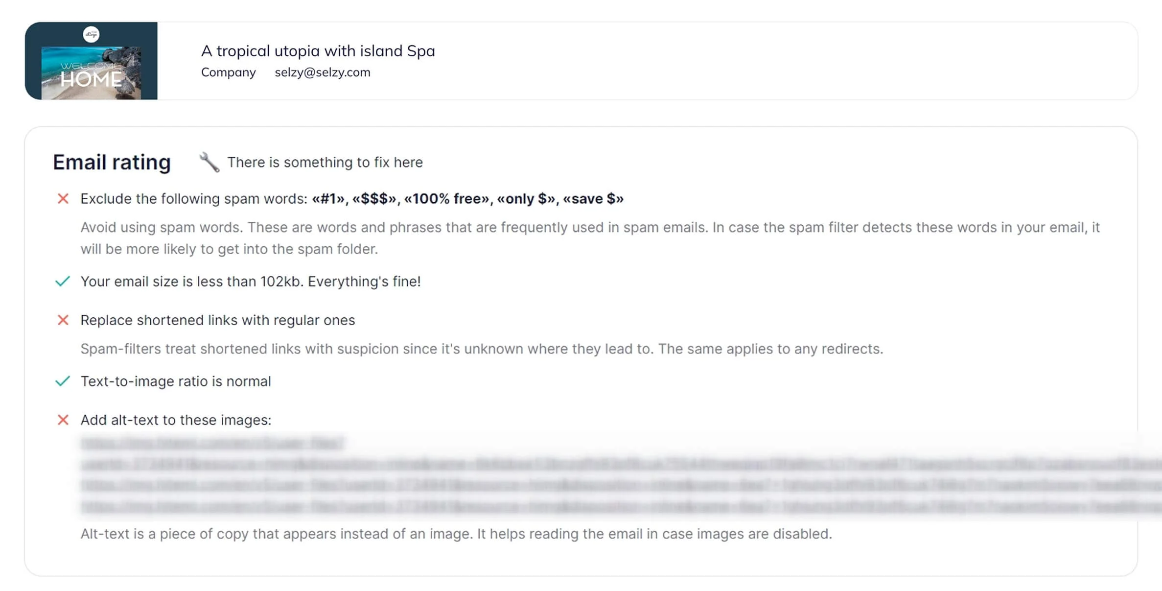 Email rating results and improvement suggestions