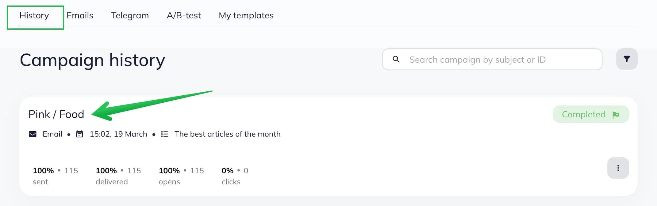 When you click on the name of the campaign, you will go to the report page.