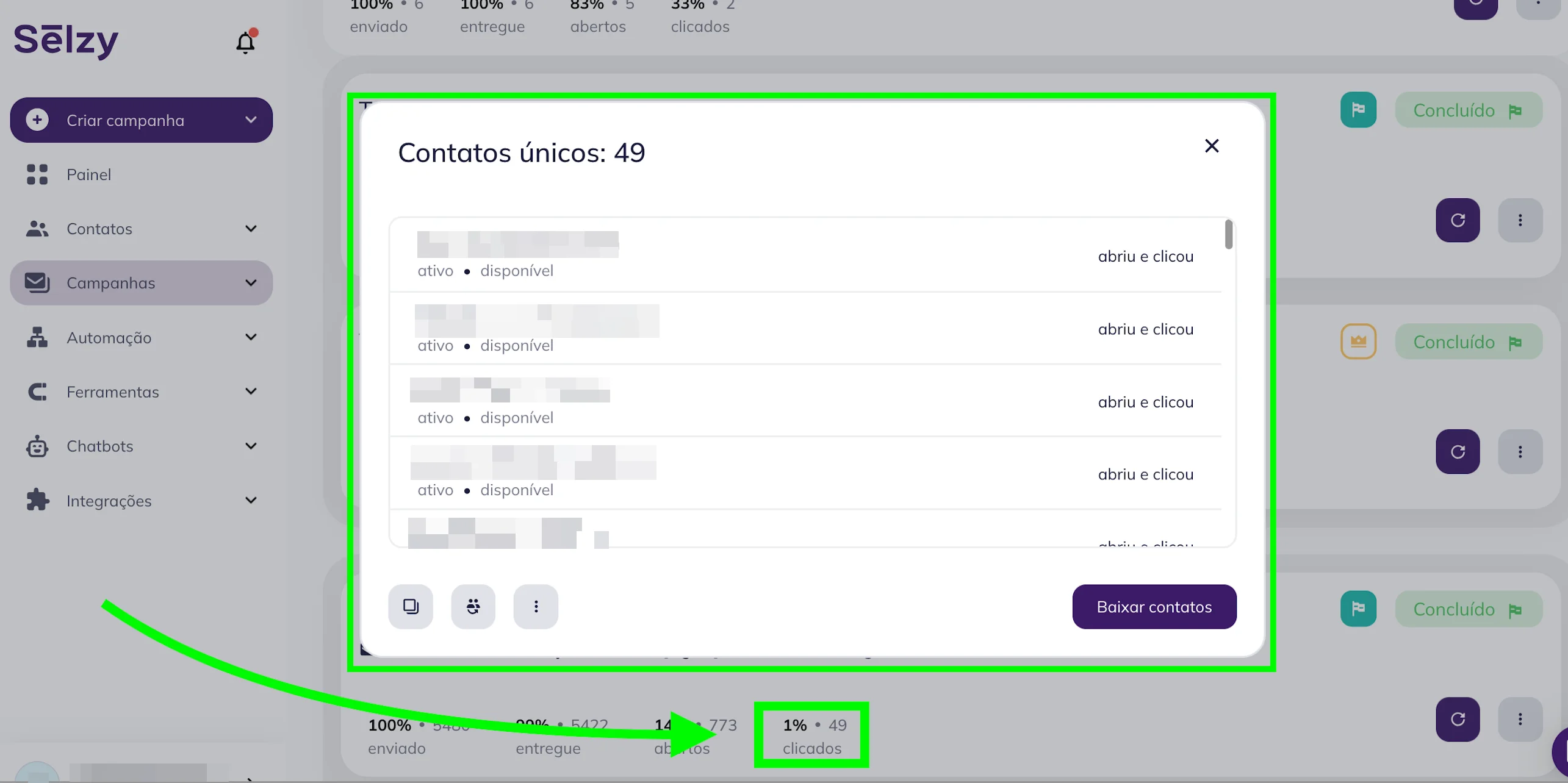 Role até Campanhas Recentes no Painel para visualizar os endereços de e-mail dos contatos que clicaram nos links 