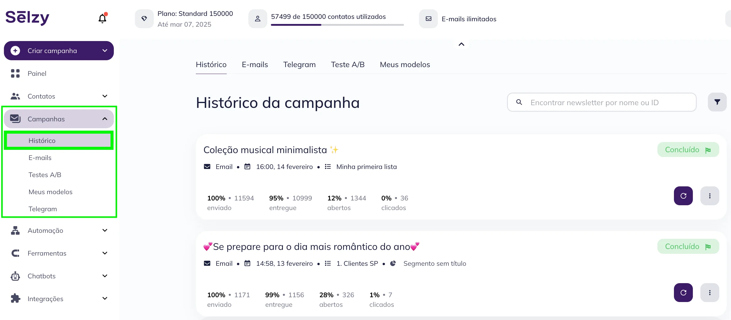 Vá para Campanhas > Histórico na sua conta da Selzy para acessar relatórios detalhados. 