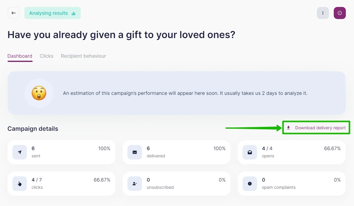 The Download Delivery Report button in the Campaign Details section of the Campaigns Dashboard page in Selzy.