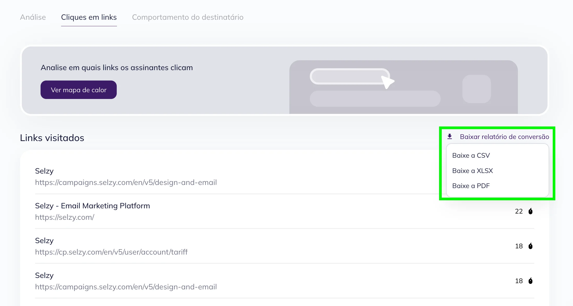 Link para baixar o relatório de cliques de uma campanha específica na página do relatório detalhado 
