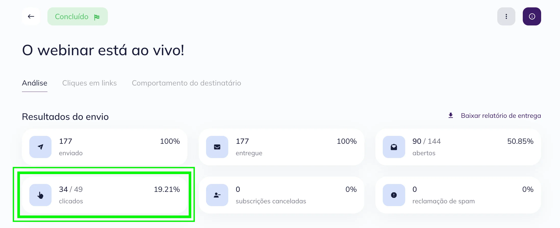 Na página do relatório detalhado da campanha na Selzy, clique no número de cliques para acessar a lista de contatos que clicaram nos links da campanha 