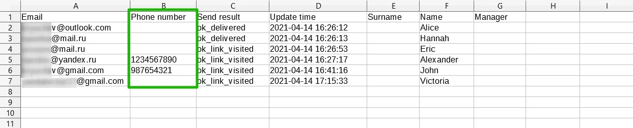 The Phone Number column in the delivery report in the CSV format.