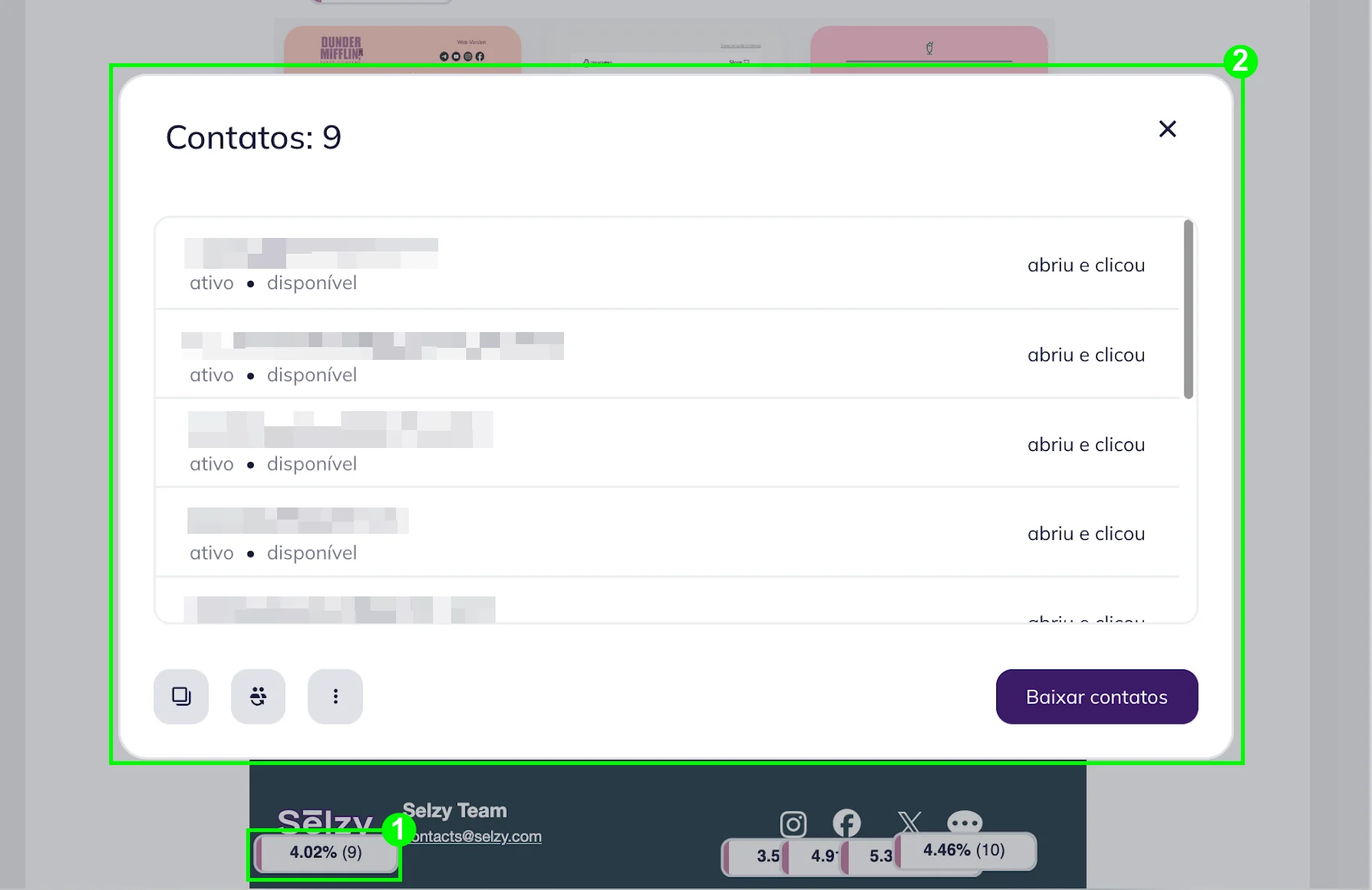 Cada link rastreado no seu e-mail exibe a porcentagem do total de cliques que recebeu. Ao clicar no link, um pop-up será aberto mostrando os contatos que clicaram nele 
