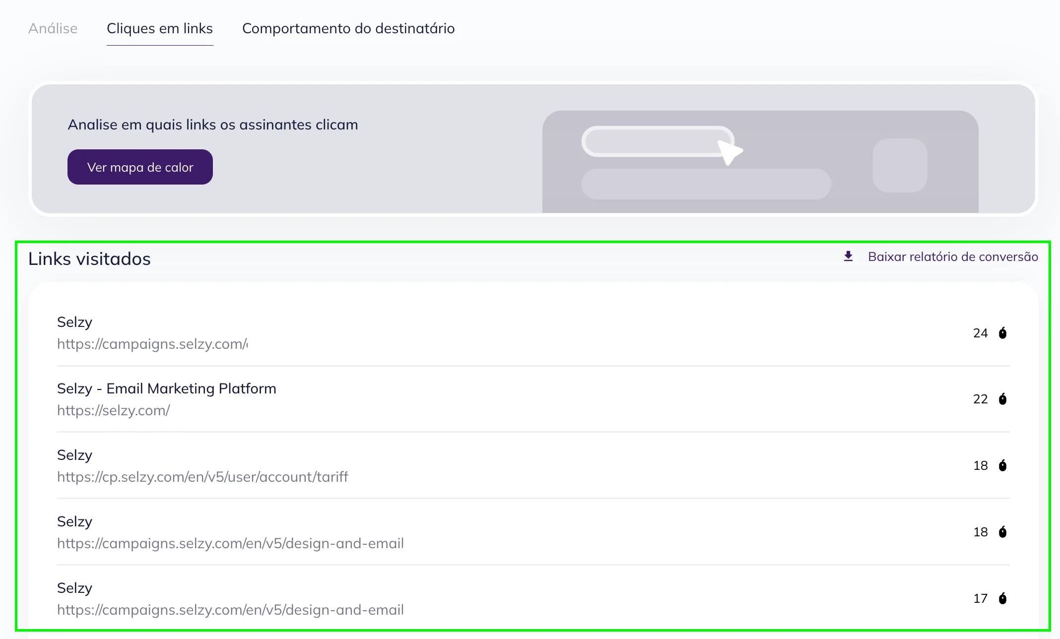 Navegando até os Links Visitados da campanha enviada na Selzy 