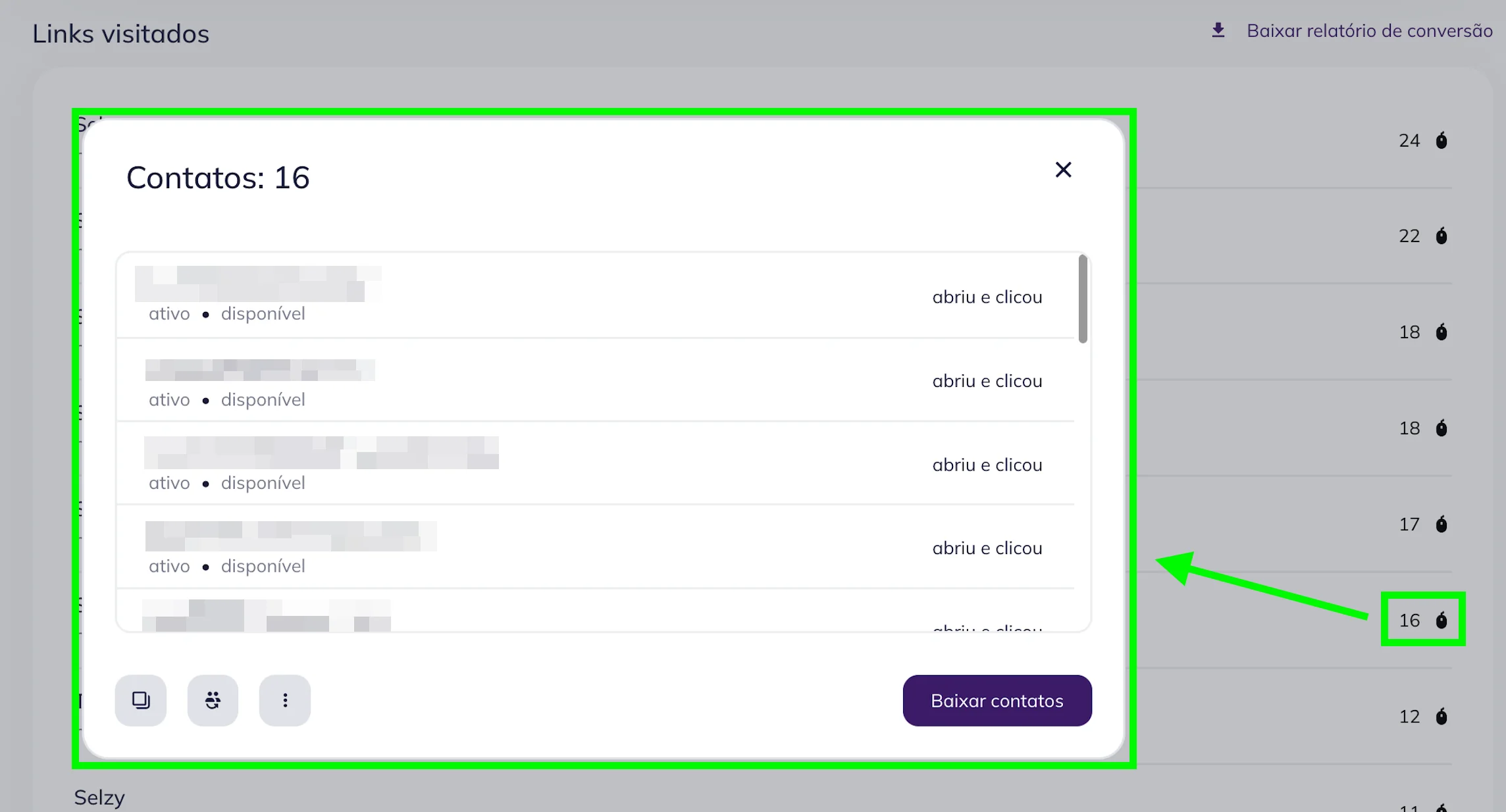 Um pop-up exibe a lista de contatos que clicaram no link escolhido na campanha enviada 