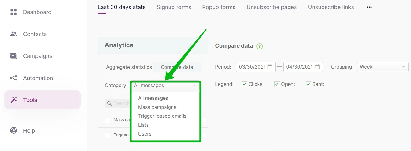 Click on the All Messages option to choose a category for comparison.