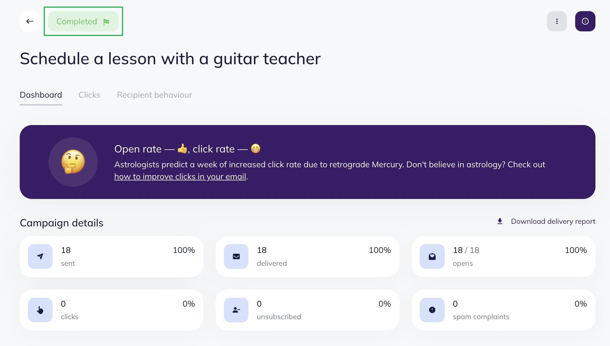 The example of a campaign status on the Campaigns page.