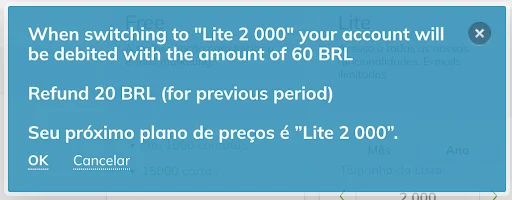 Aviso do reembolso que será recebido após a troca de plano.