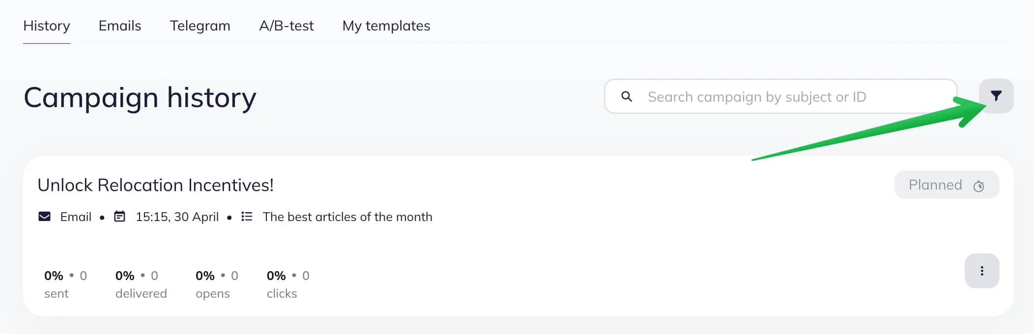 The filter sign on the Campaigns page - in Campaigns.