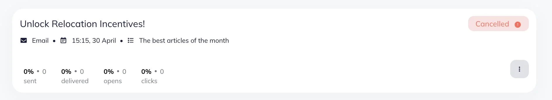 The example of a campaign with the Cancelled status.
