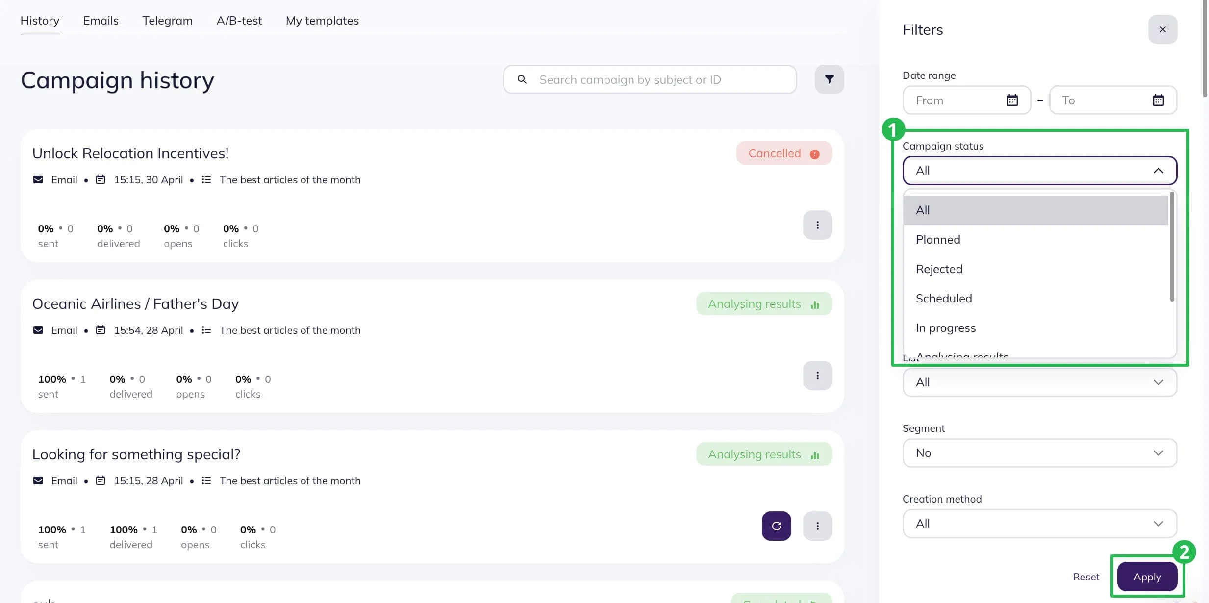 Filtering campaigns by status on the Campaigns page - in Campaigns.