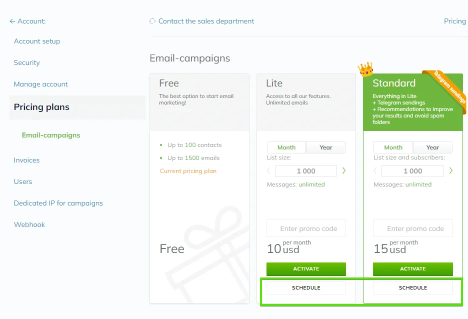 In the Pricing plans section of your Selzy account, you can activate a plan option immediately or schedule it to be activated automatically starting from the next billing period.