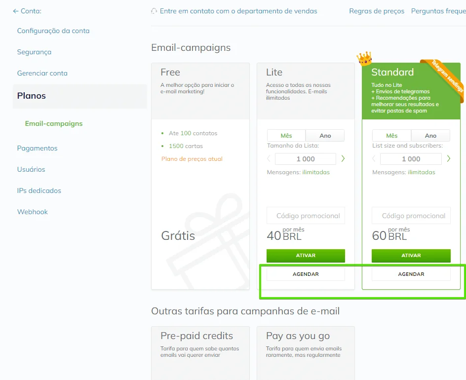 Página de seleção de planos da plataforma, mostrando os botões de agendar planos.