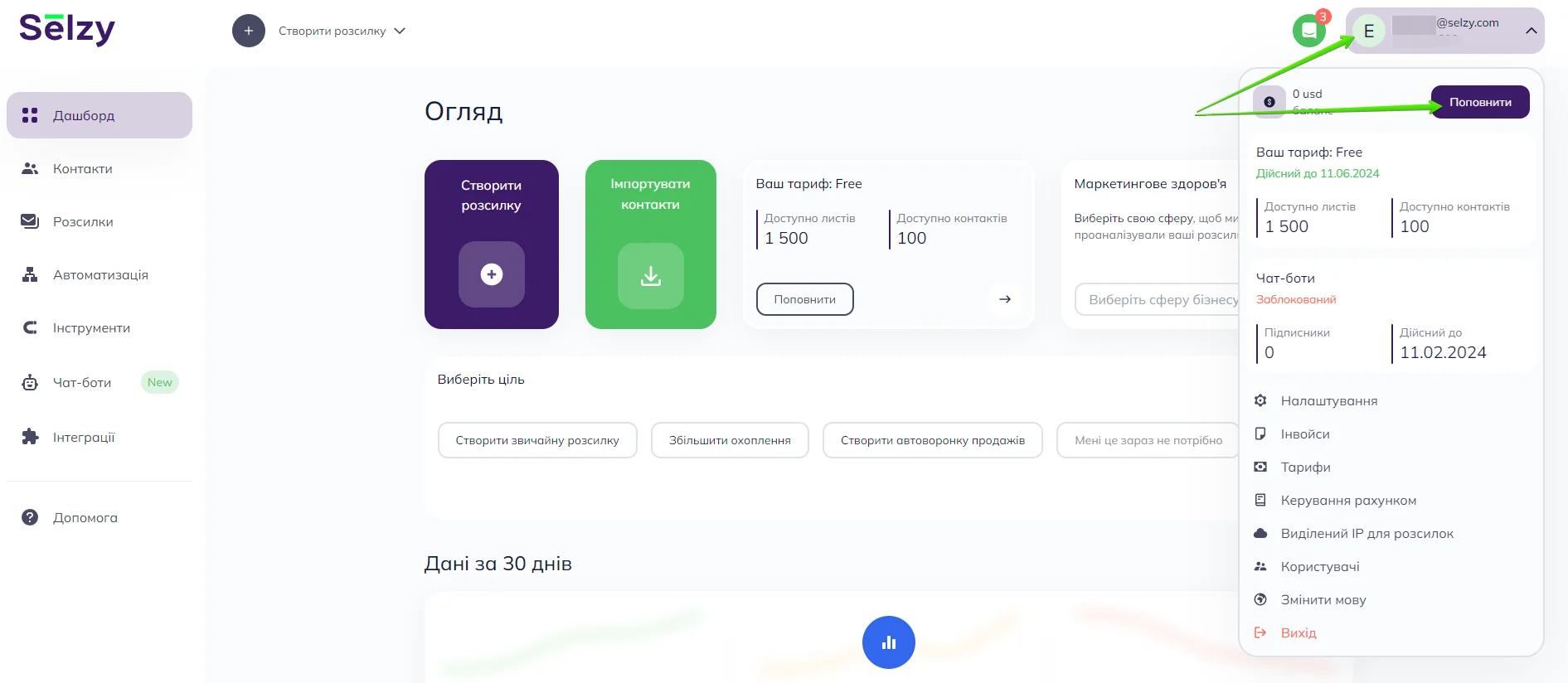 Як поповнити рахунок в Selzy