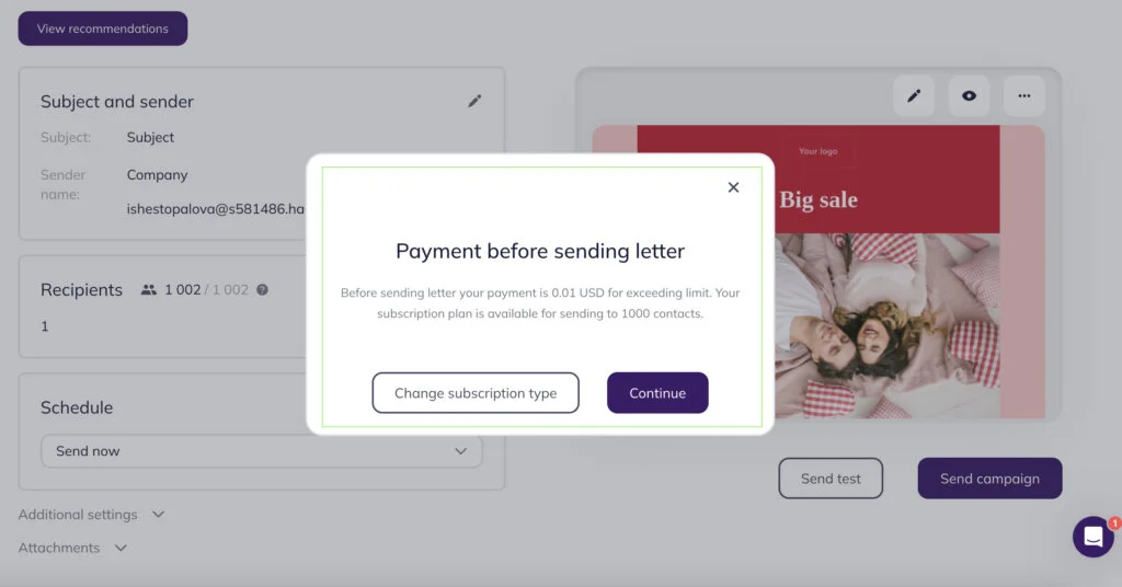 An example of a notification to pay for two extra emails within the Light plan.