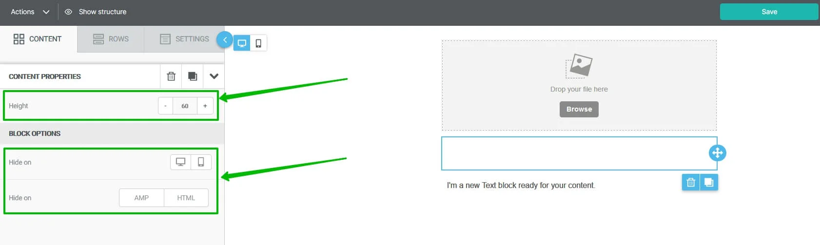 Choose the height of the block and a “hide on” option.