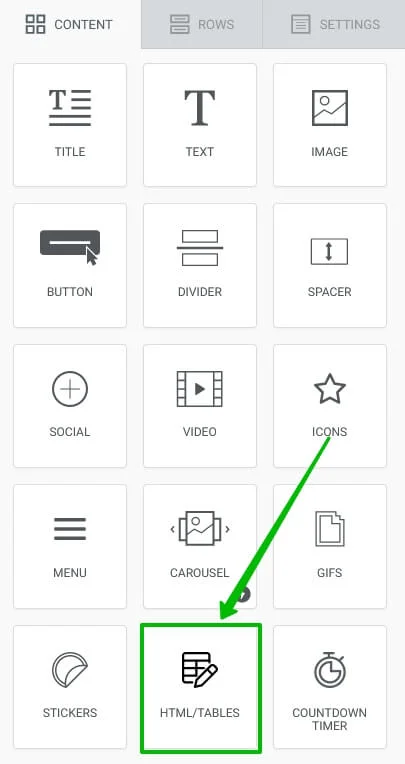 Choose the HTML/Tables block.