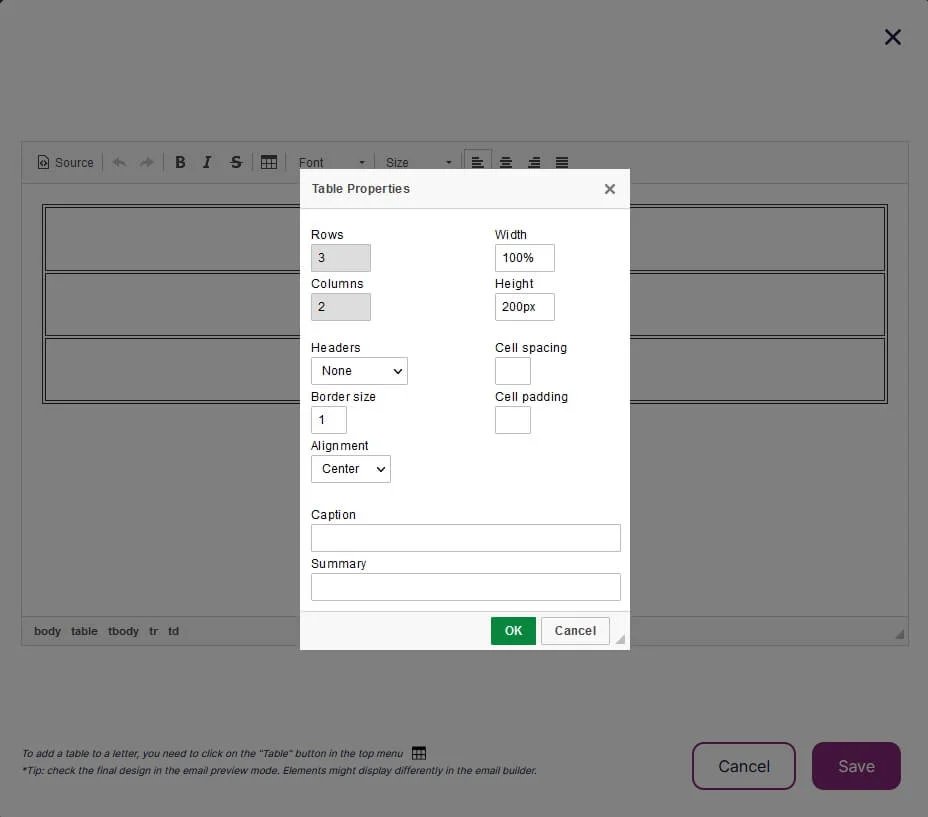 Choose the editing parameters for the whole table.