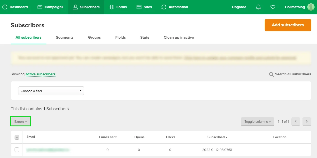 Exporting contacts from MailerLite.
