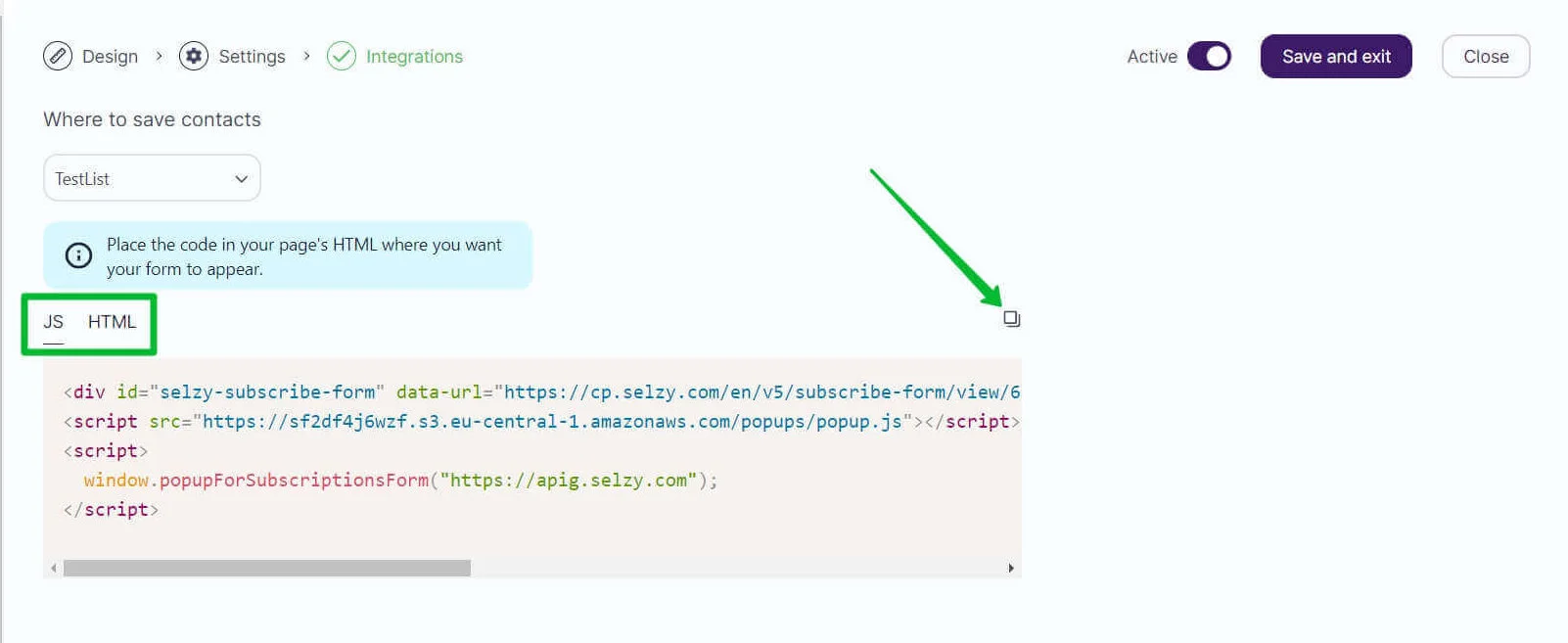 Copying the subscription form code