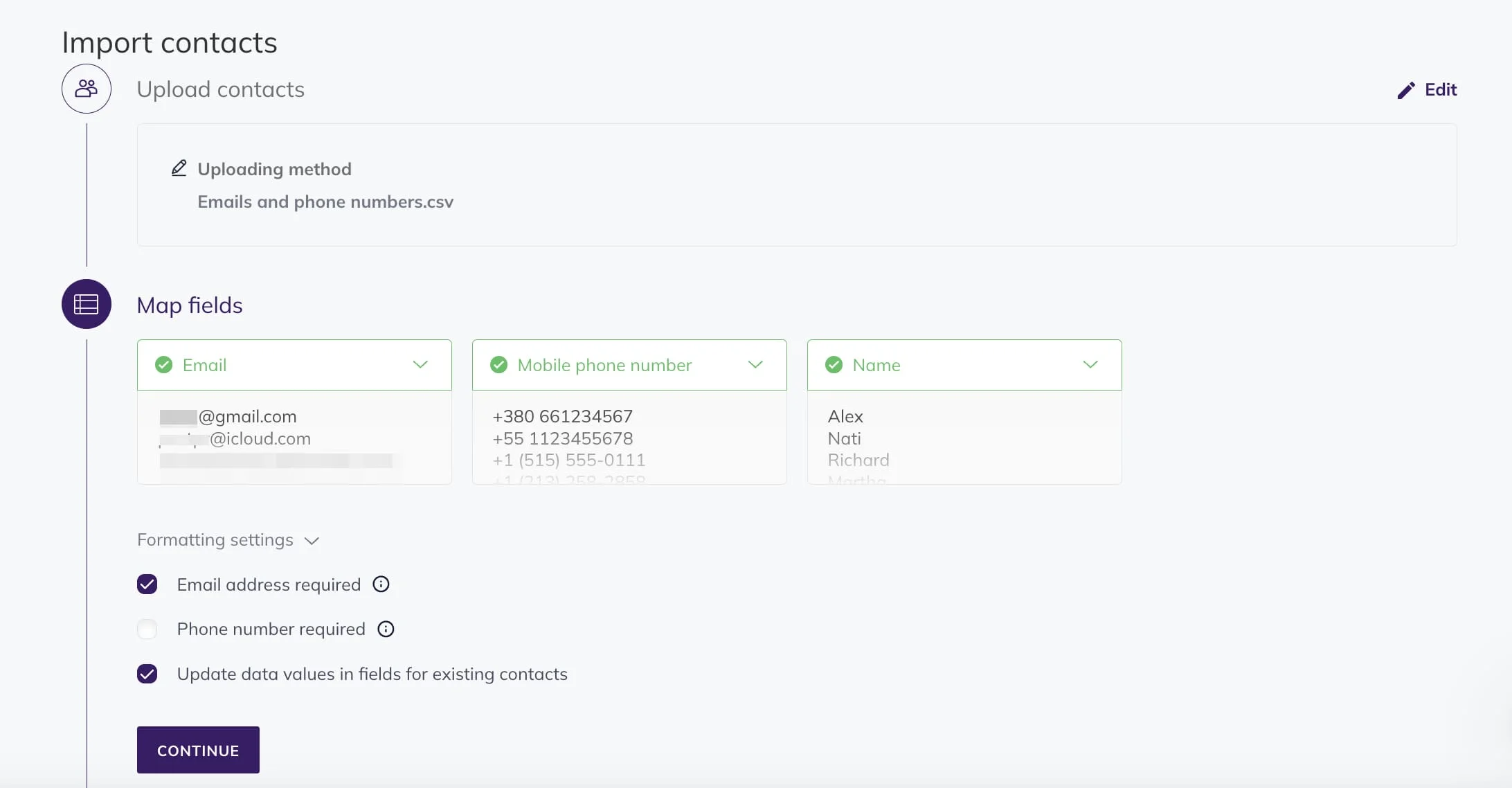 Configuring the fields.