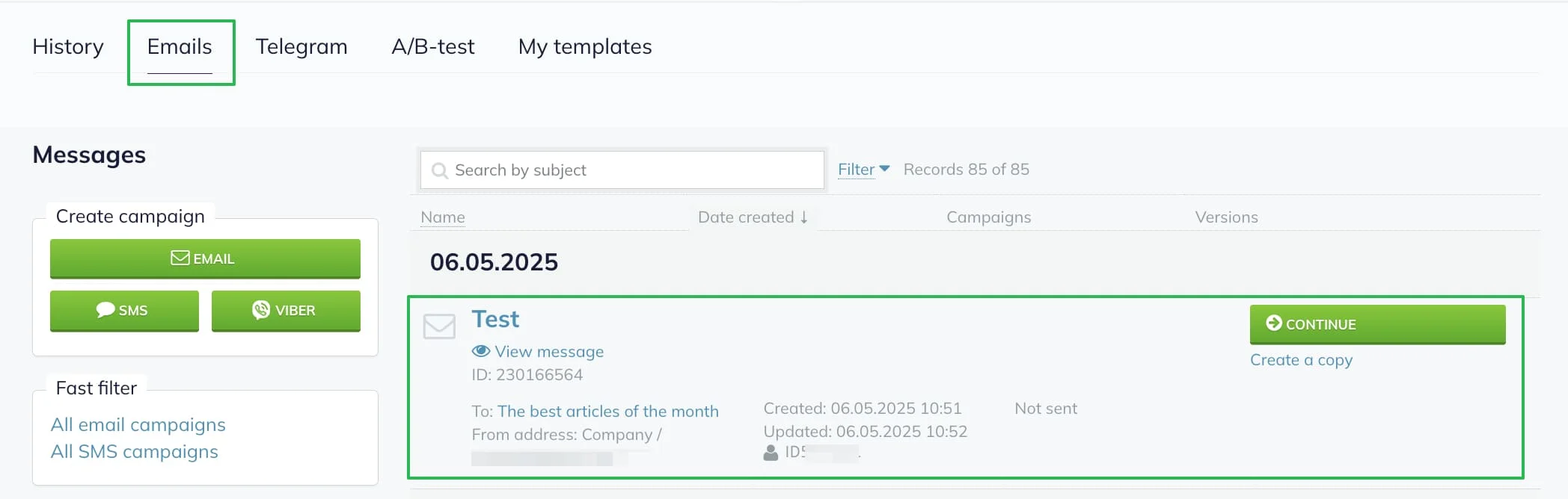 Where saved messages are stored in Selzy.