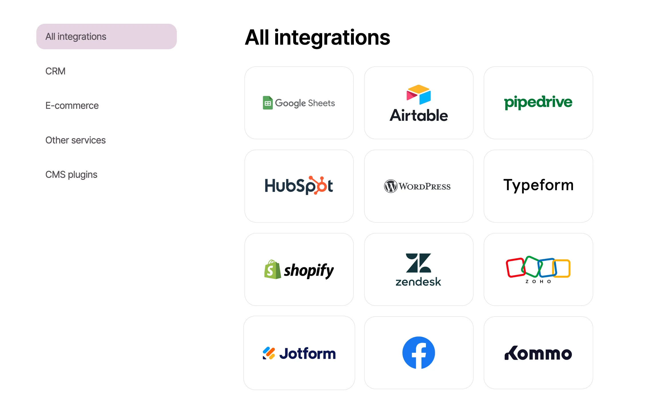 A list of Selzy's integrations: Facebook, Kommo, Google Sheets, etc.
