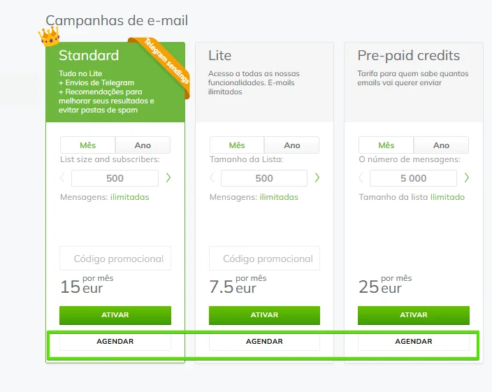 Na seção Planos da sua conta da Sezy, clique em Agendar para que o plano escolhido seja ativado automaticamente no início do próximo período de cobrança.