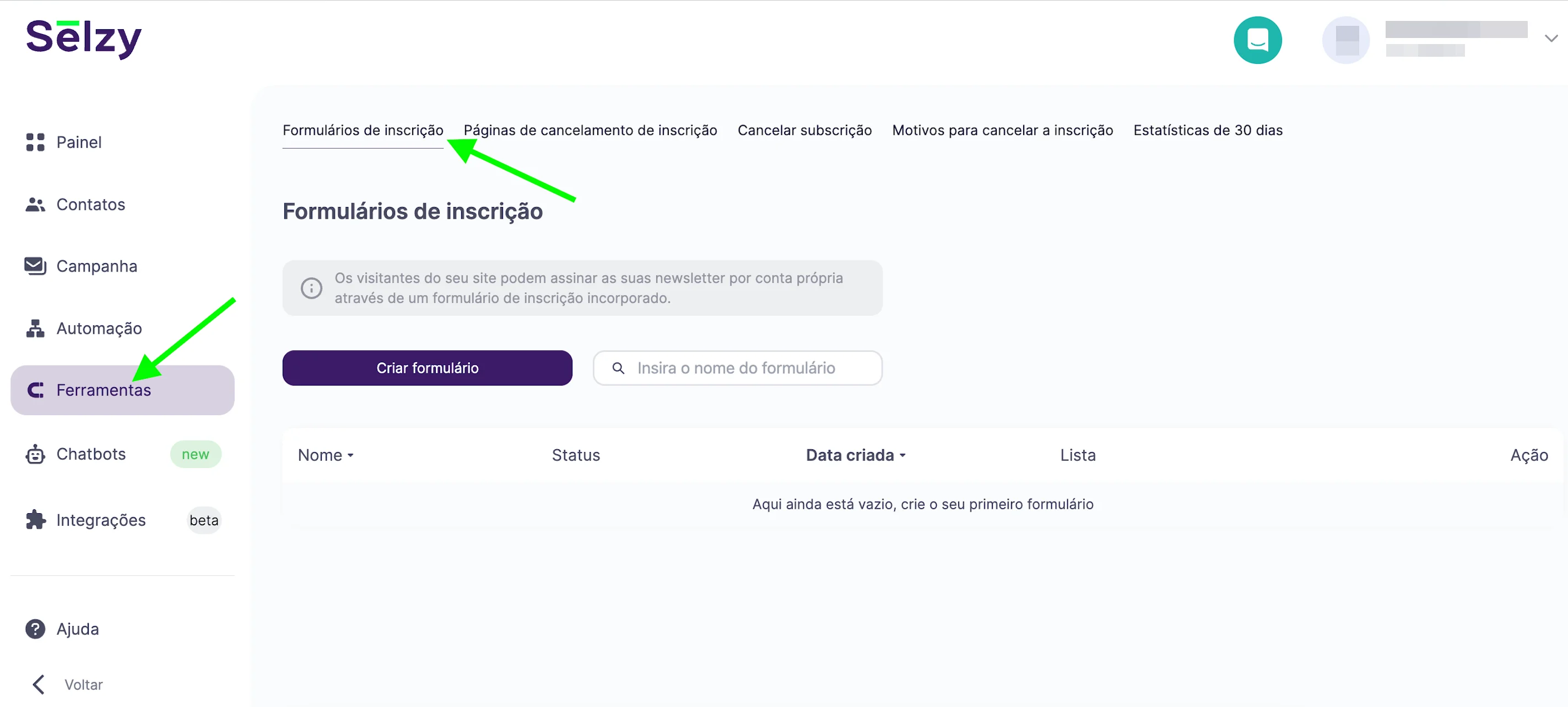 Subseção de formulários de inscrição