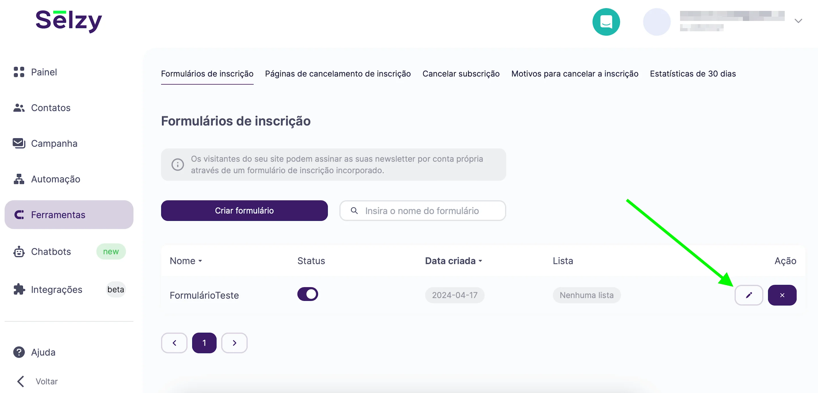 O botão de edição para o formulário pré-existente 