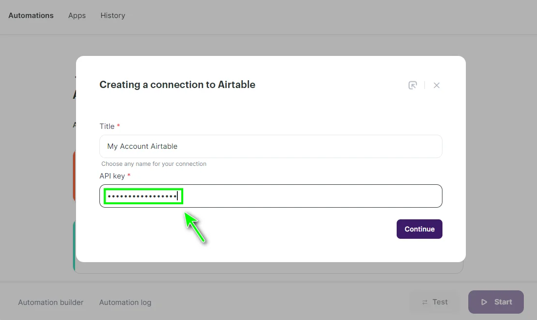 Pasting the API key in Selzy