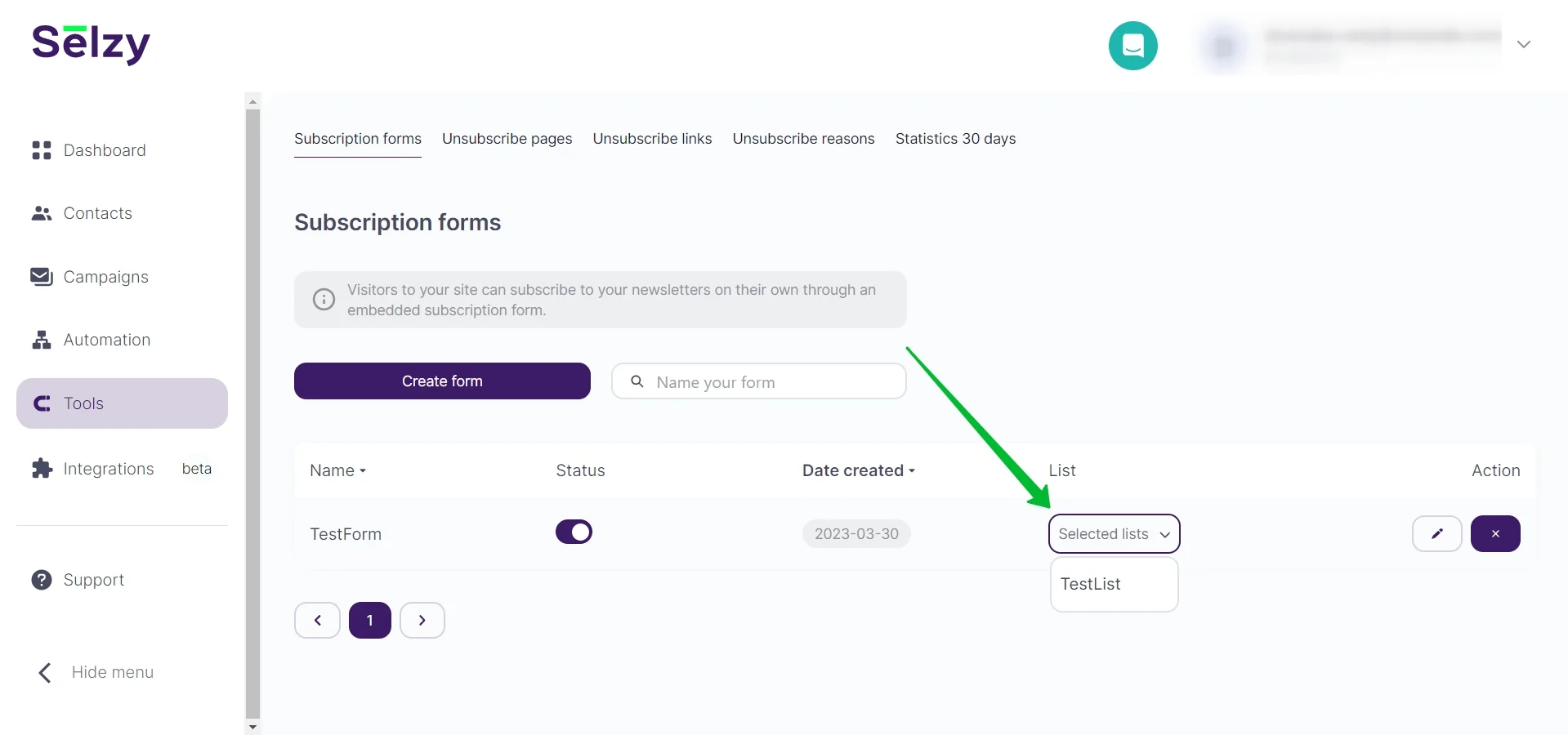 Changing the contacts list for the pre-made form