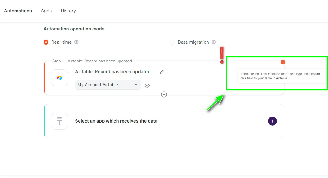 The error notification next to the trigger
