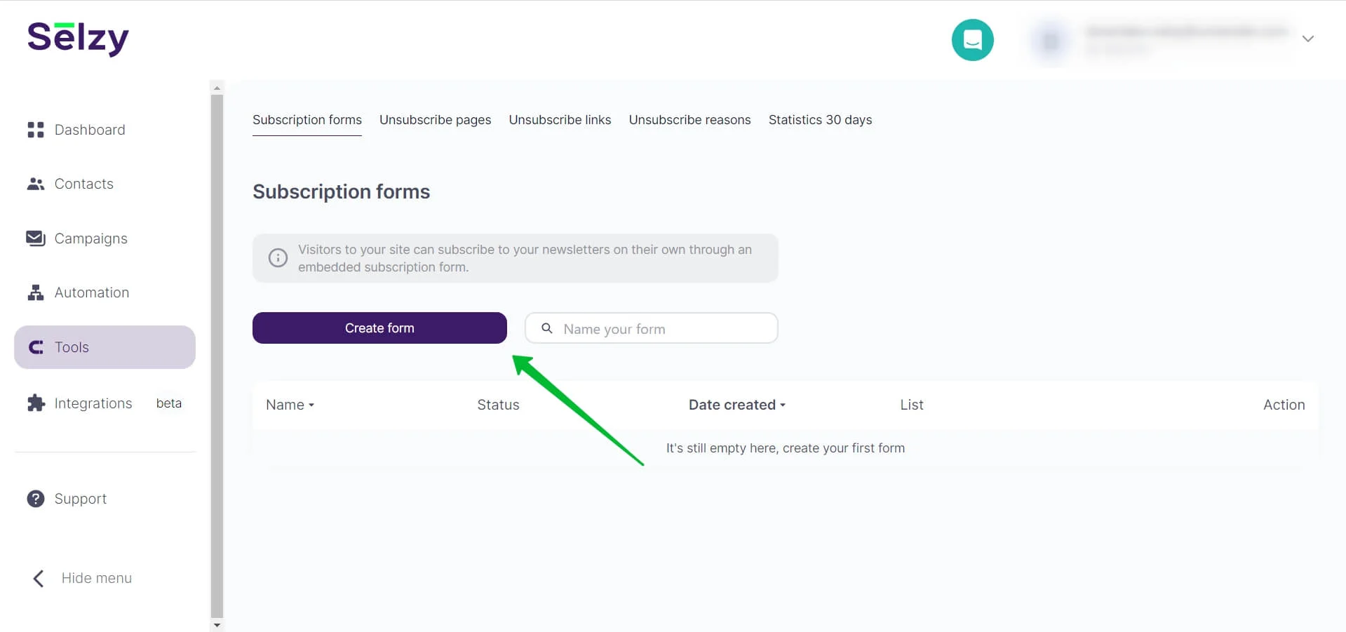 Create form button in the subscription forms subsection