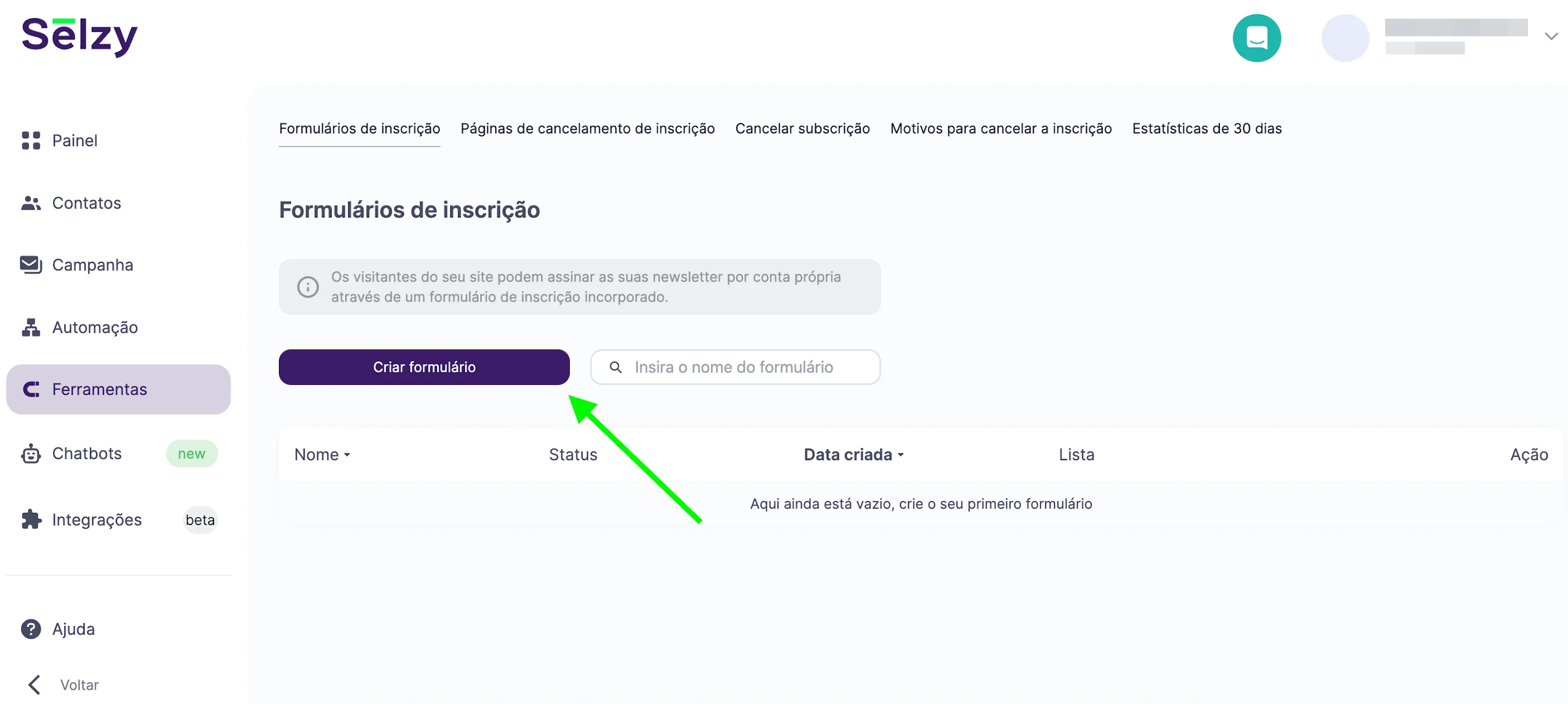 Destacando o botão para criar um formulário 