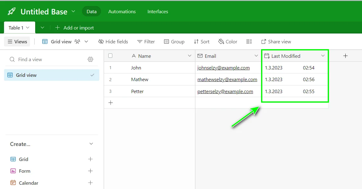 The Last modified time field in the Airtable table
