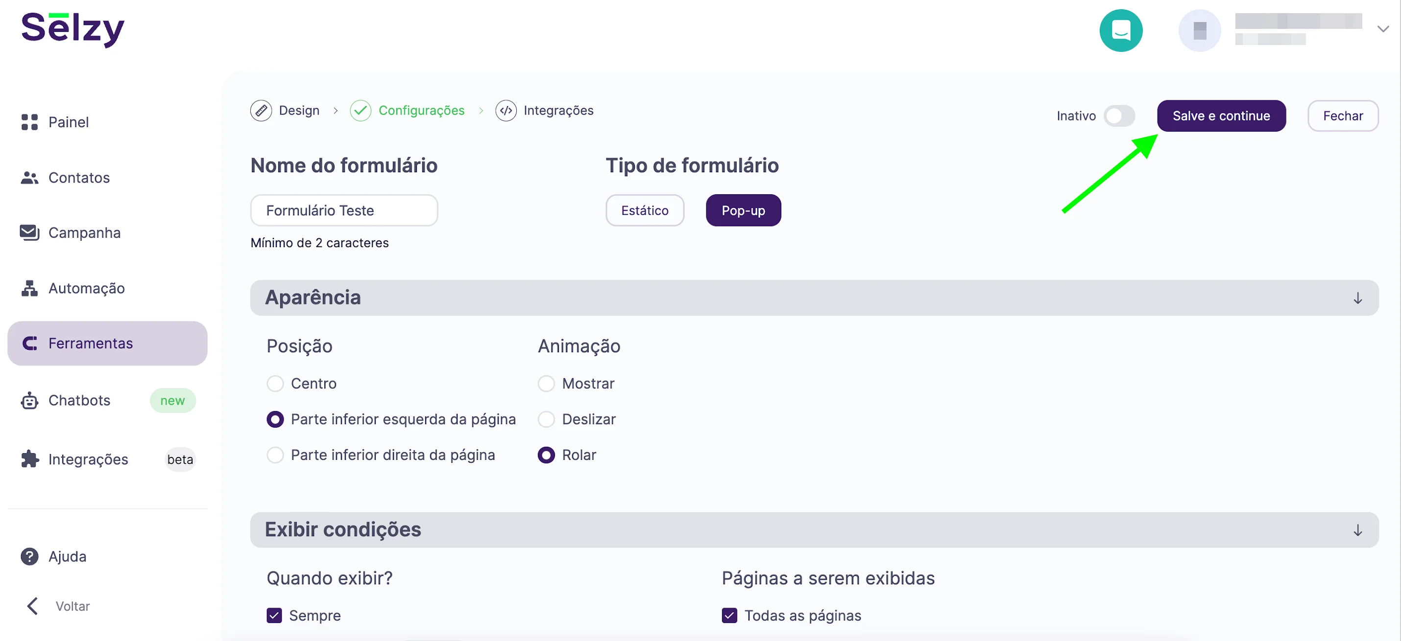 Salvando as configurações