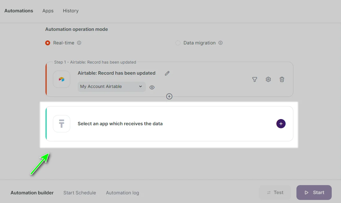 Clicking on the Select an app which receives the data option