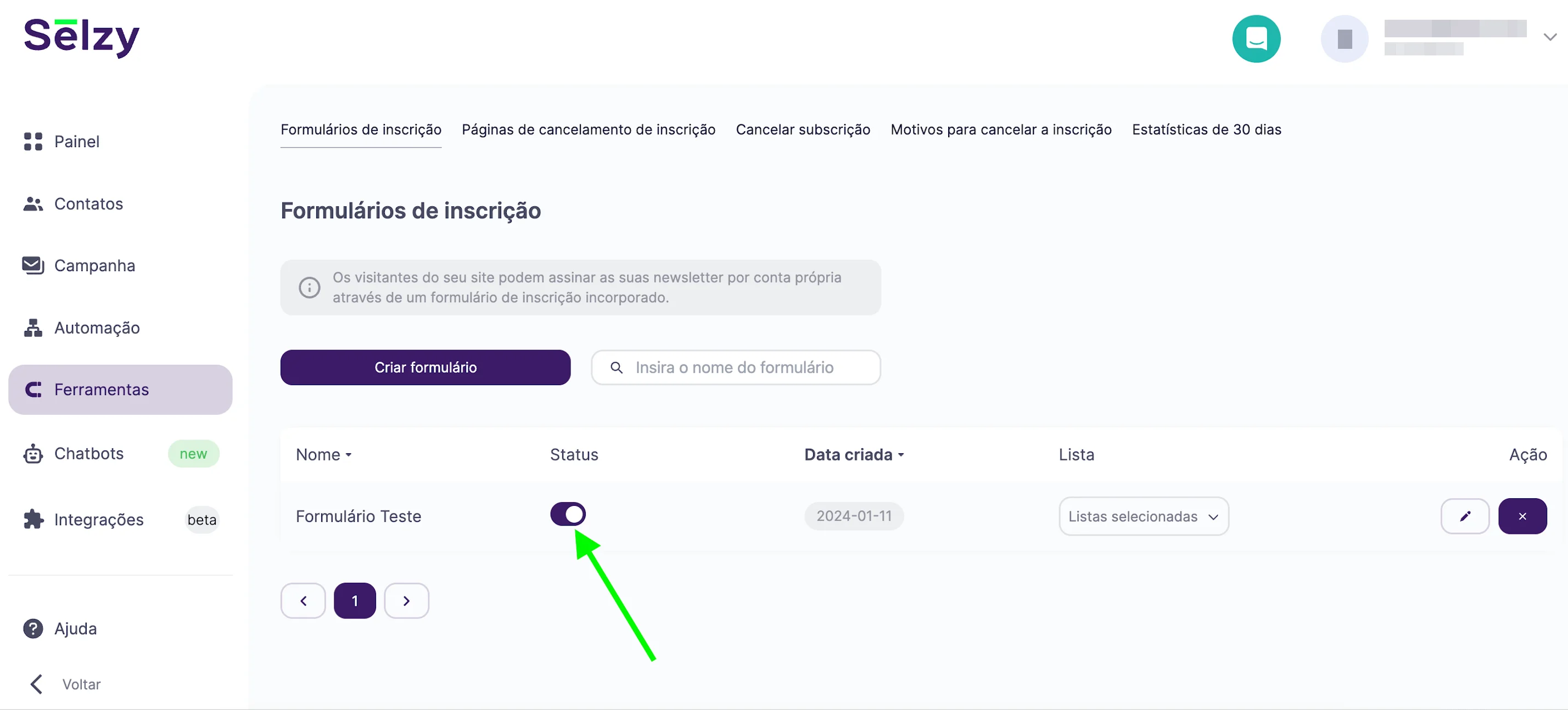 Alterando o status do formulário criado anteriormente