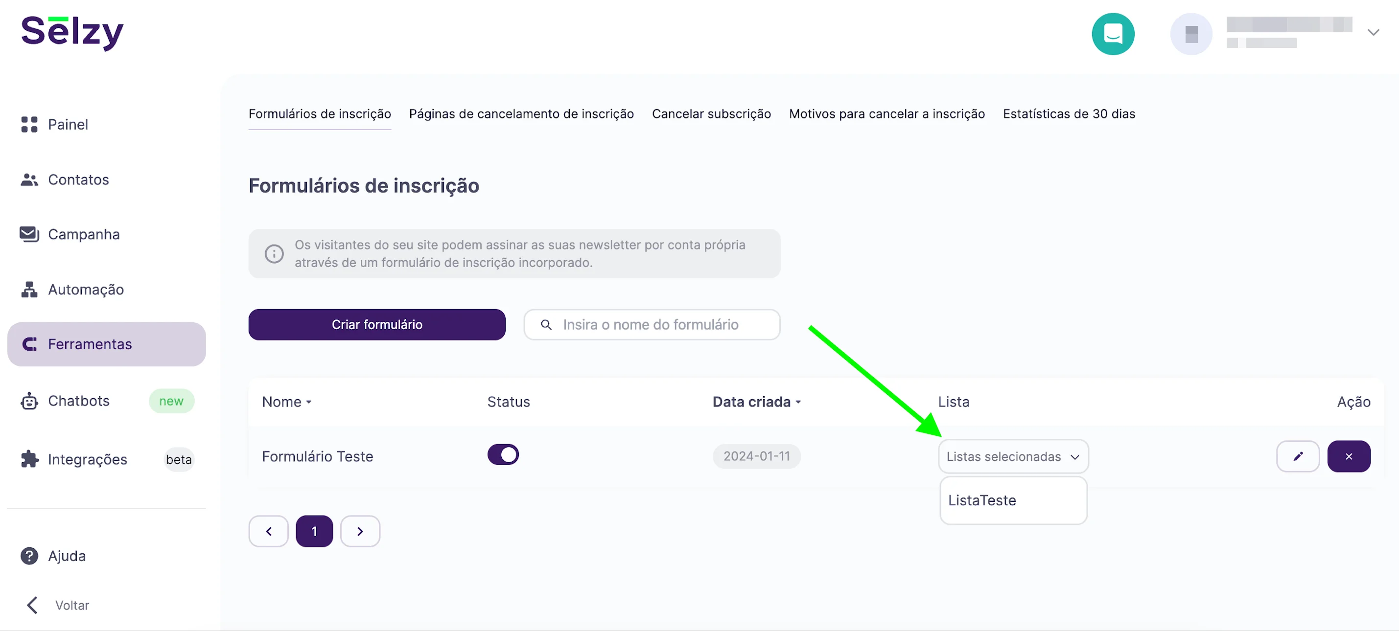 Mudando a lista de contatos designada ao formulário criado anteriormente