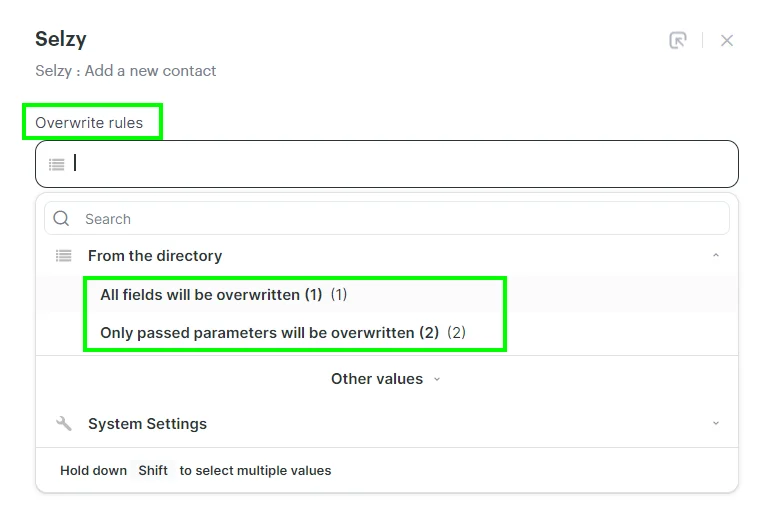 Setting up the overwrite rules