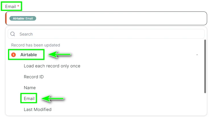 Selecting the column from where the contact's email address will be transferred