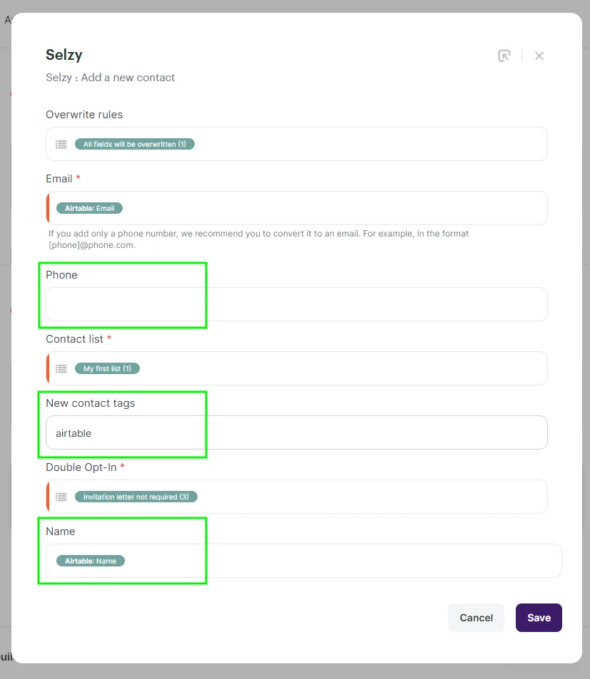 Selecting the columns from where the contact's name and phone will be transferred
